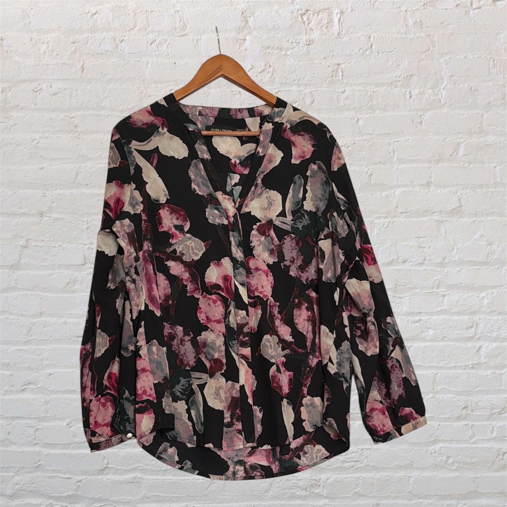 Ivanka Trump Womens Floral V-Neck Blouse Black Pink Purple Long Sleeve Large